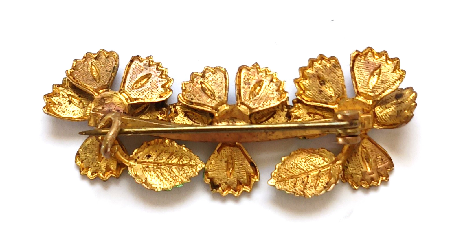 Antique Bar Pin ~ Enamel Pansy Flowers Rhinestones “C” Clasp