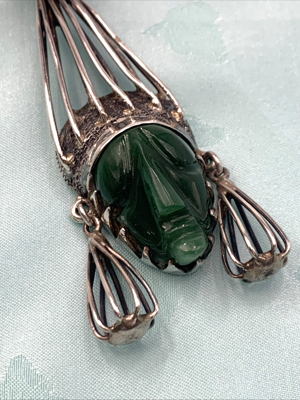 Vintage Sterling Silver and Green Onyx Mexican Mask Pendant & 28″ Necklace 73g