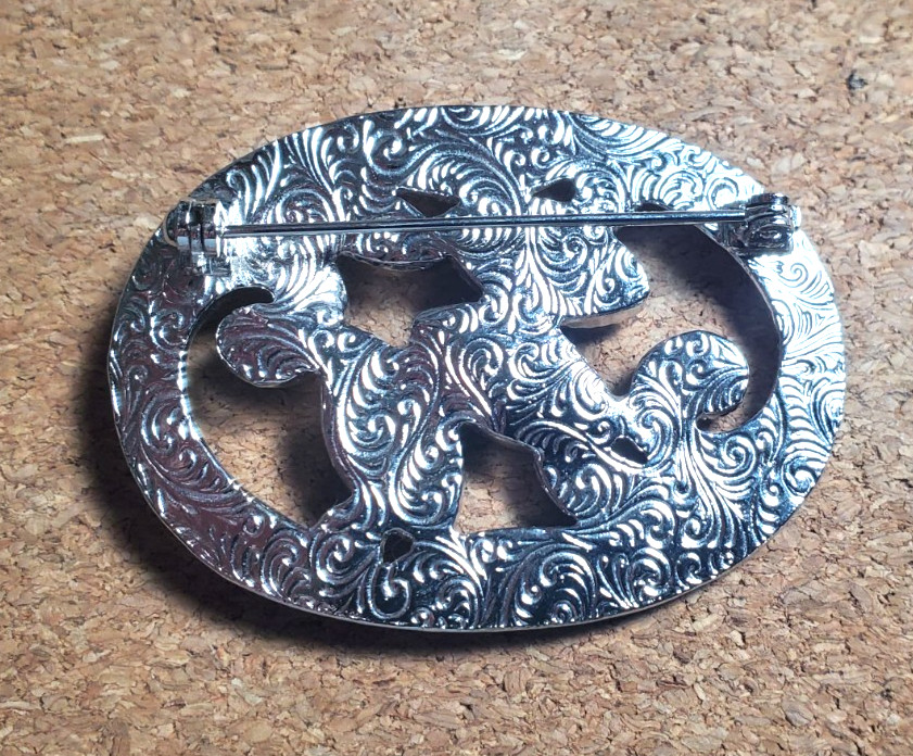 Vintage Silver tone Oval Brooch With Black & White Marquis Shaped Plastic