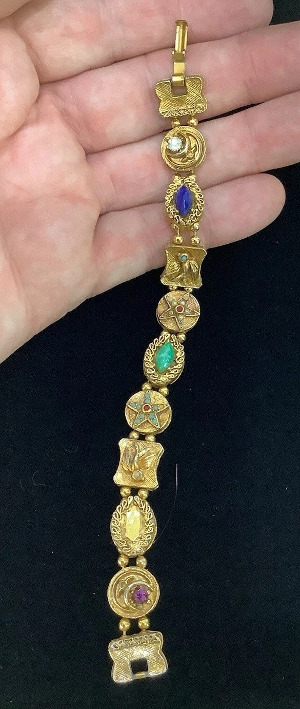 Vintage Gold Tone Victorian Revival Beaded Slide Charm Bracelet 7.5”