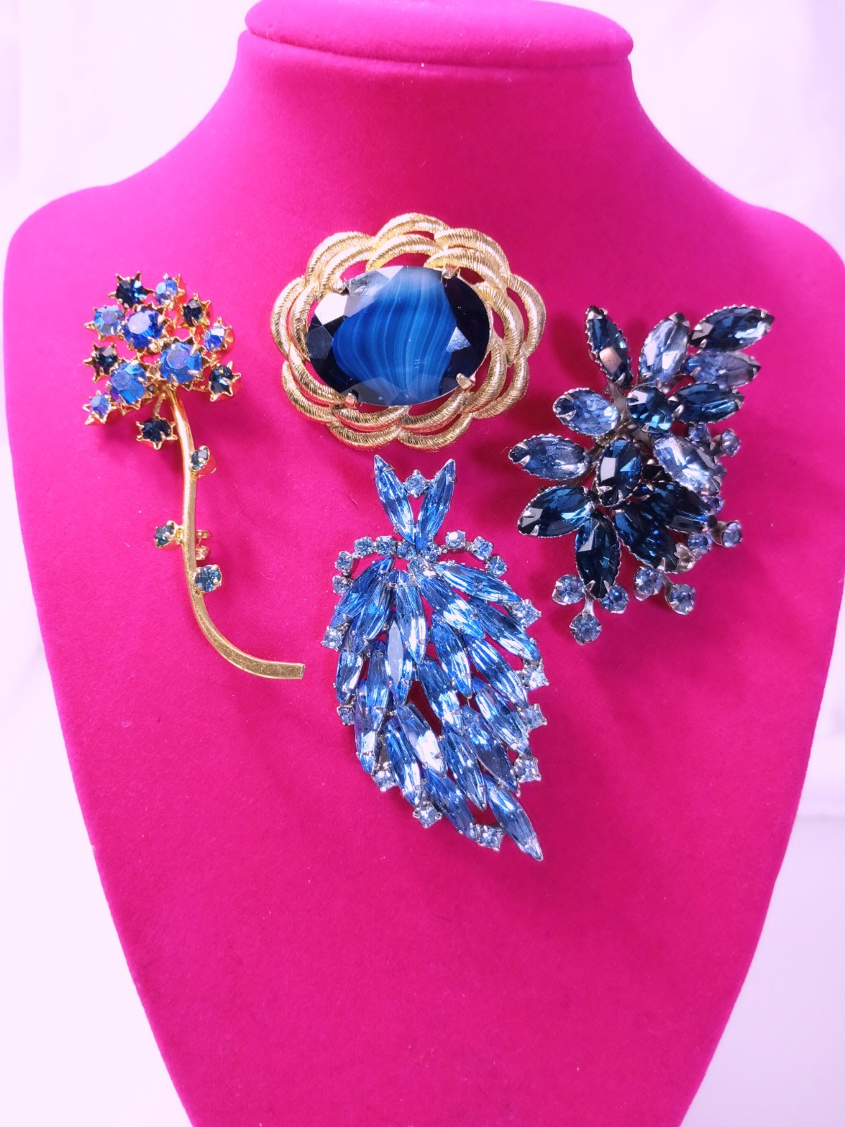 Rhinestone Costume Vintage Jewelry Lot, 4 Piece, Blue, Silver Tones, Gold Tones