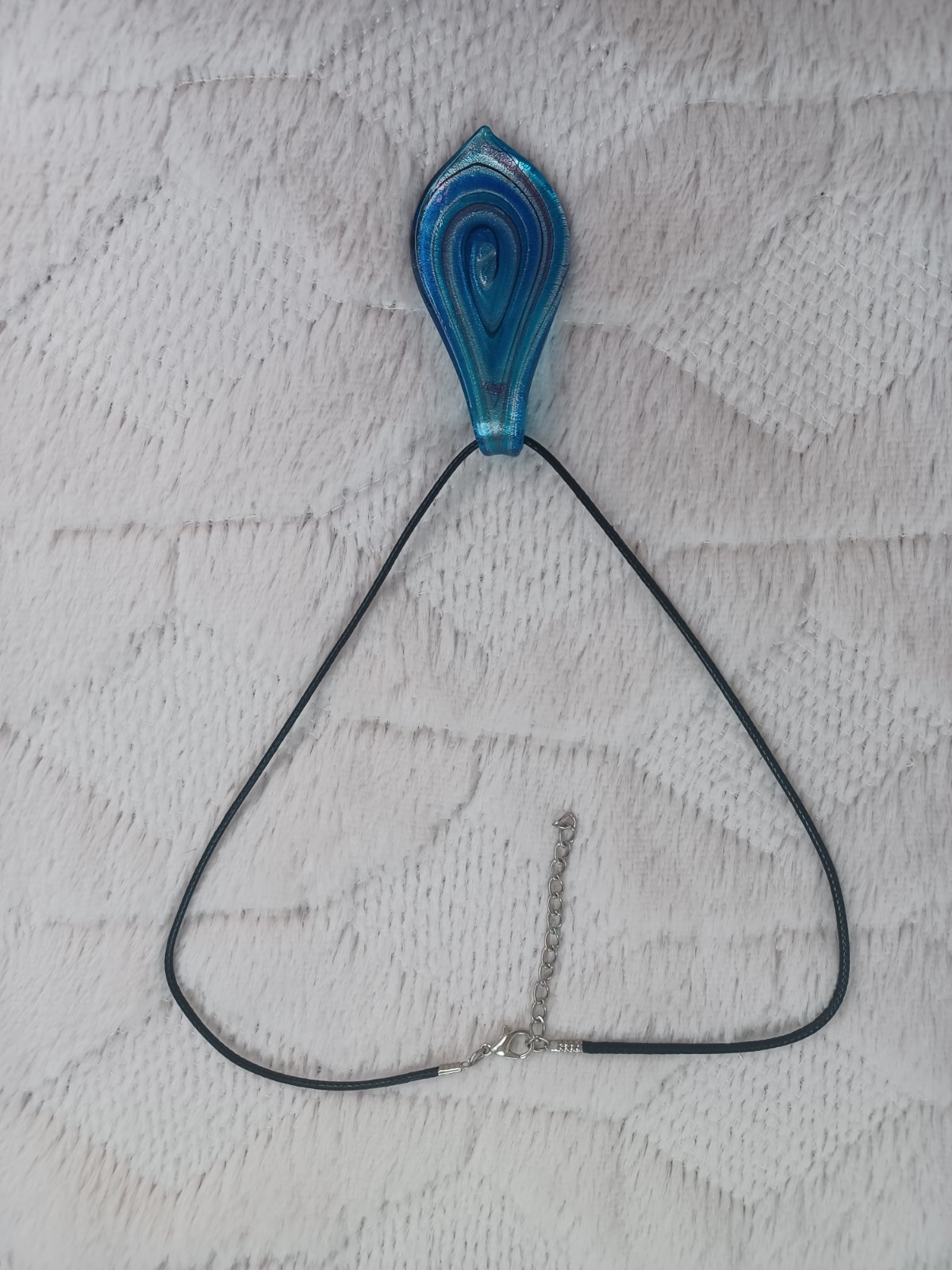 Vintage 90s / 2000s Y2K Art Glass Blue Swirl Pendant On Black Cord Necklace
