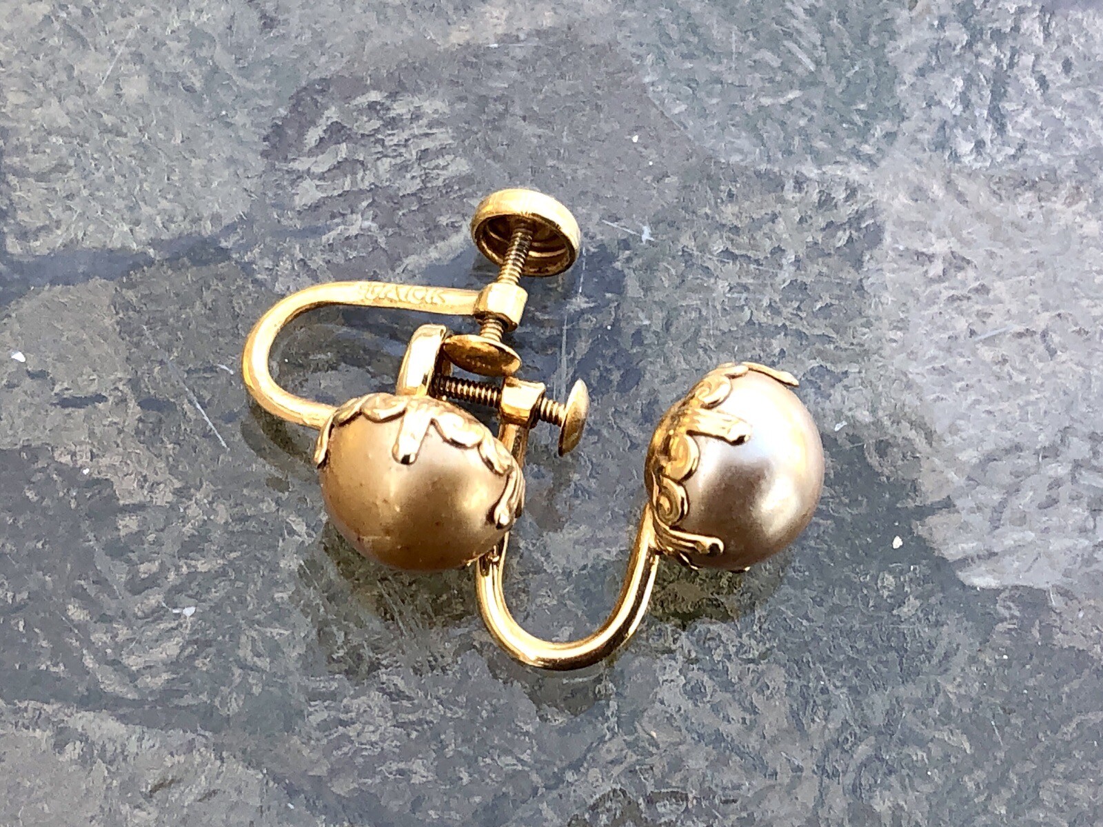 Vtg Art Deco 10K Gold BOA Faux Pearl Earrings- Budlong, Docherty, & Armstrong