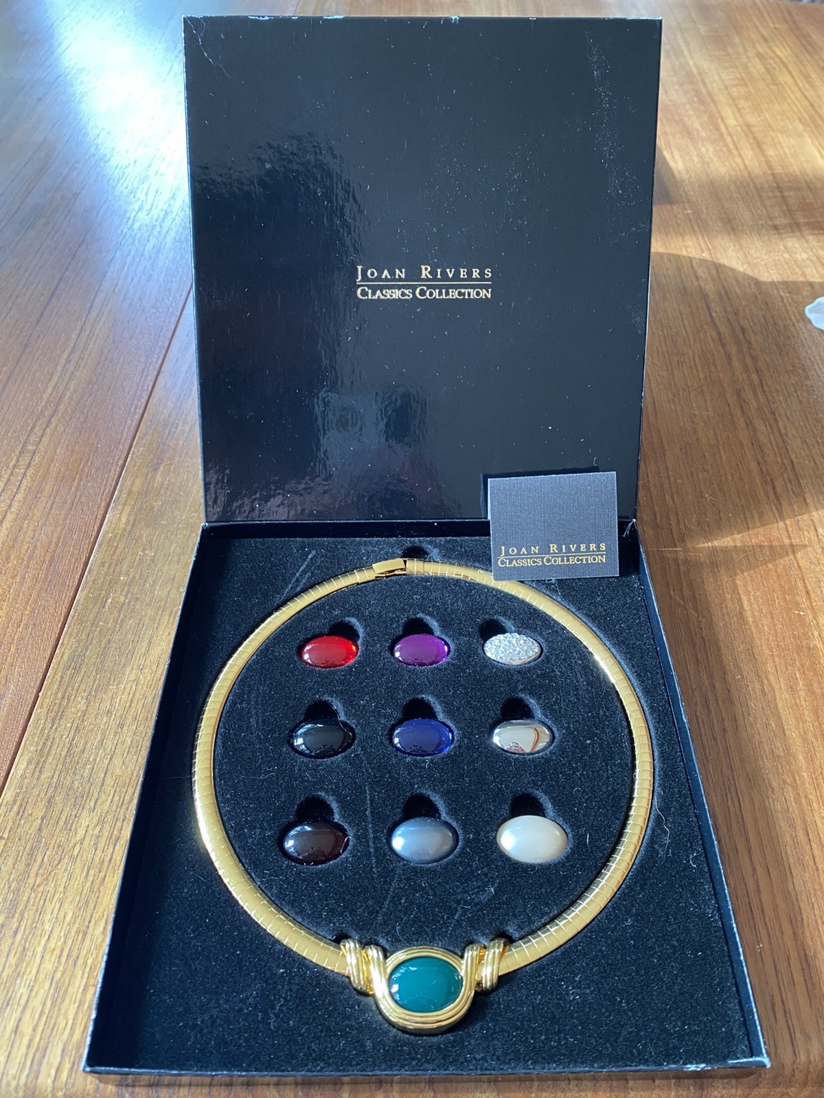 Vintage Joan Rivers Gold Omega 10 Color Interchangeable Necklace 2 chains W/Box