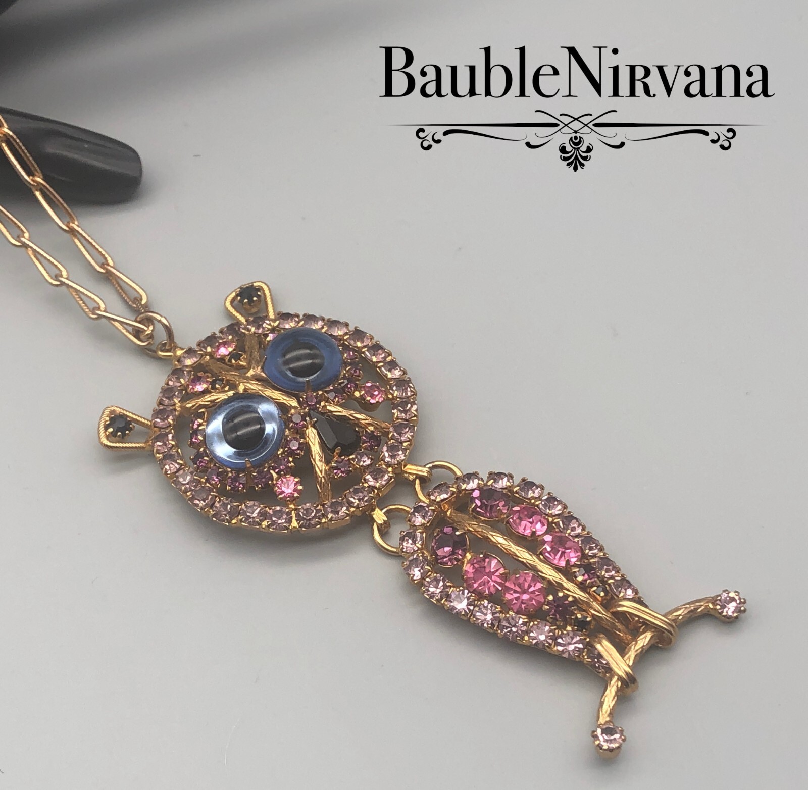 Vintage Large Dangling Owl Pendant Purple Pink Google Glass Eyes