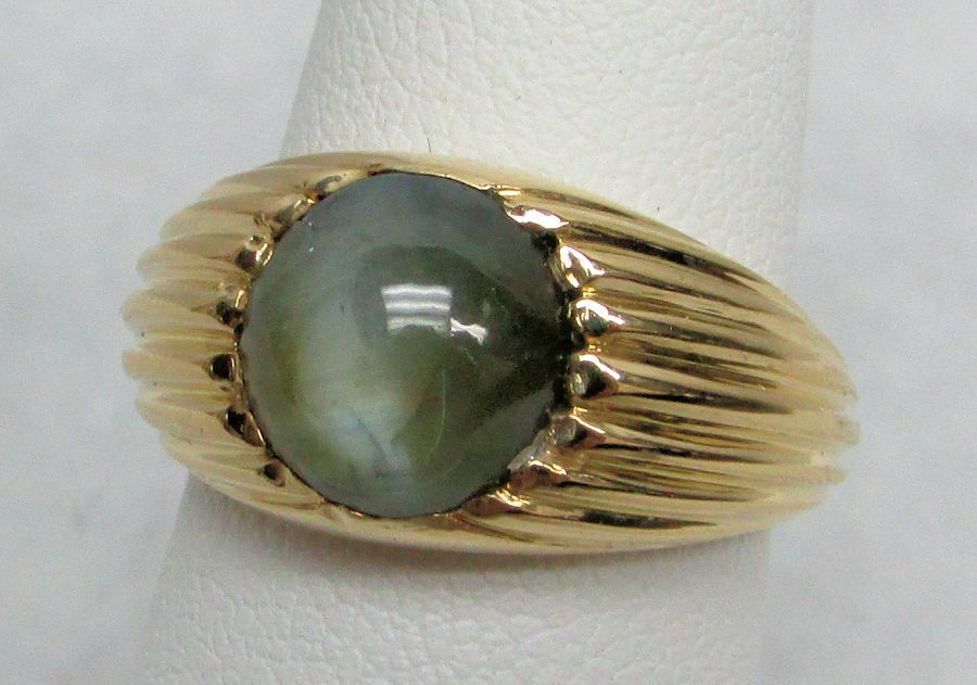 18K SOLID GOLD & 4.24ct GREEN BERYL CATS EYE STONE PINKY RING SIZE 6