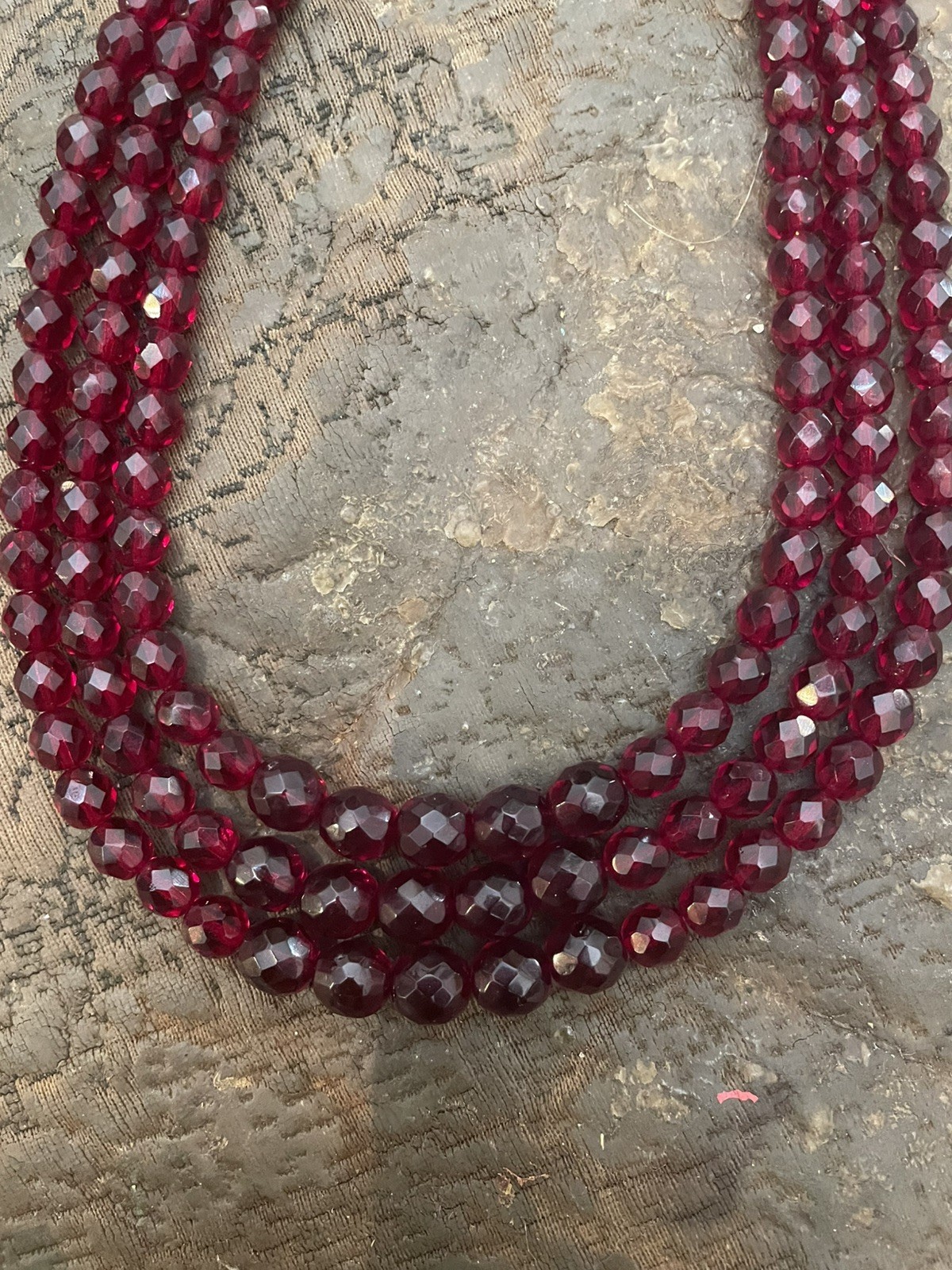Retro Bordeaux Garnet Czech Fire Polished Faceted Crystal Bead 3-Strand Necklace