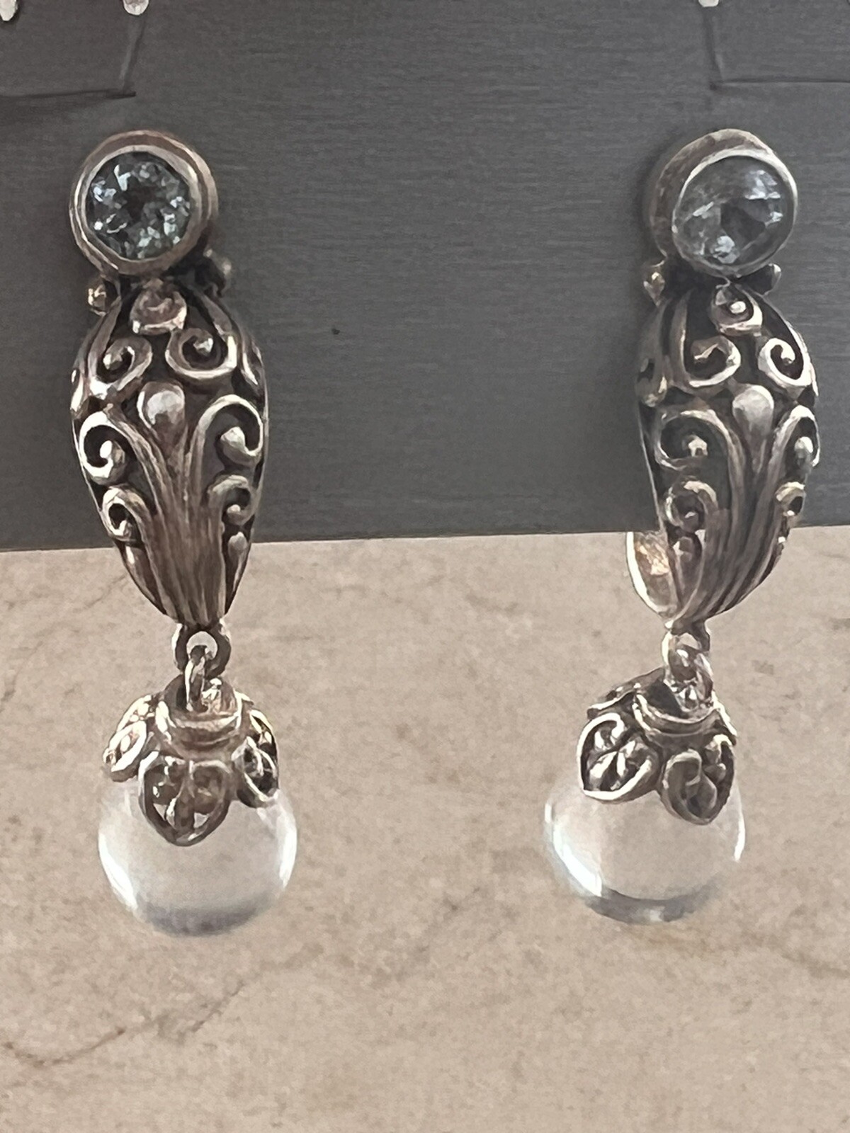 Beautiful NF Sterling 925 Blue Topaz & Quartz Drop Dangle Ornate Earrings