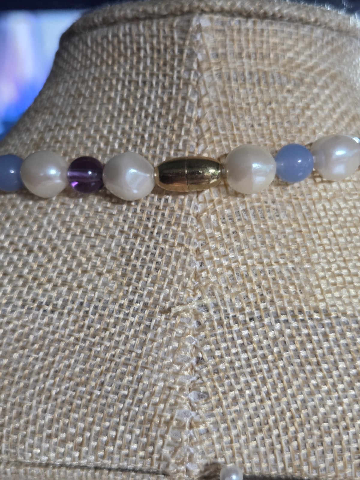 34″ Opera Faux Pearl Blue Green Purple Bead Gold Tone Necklace Barrel Clasp
