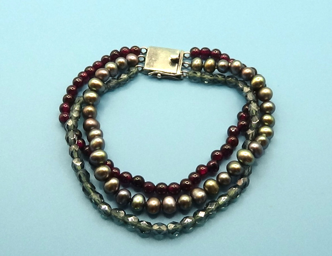 925 Sterling Silver Triple Strand Bracelet, Amethyst, Crystal & Peacock Pearl