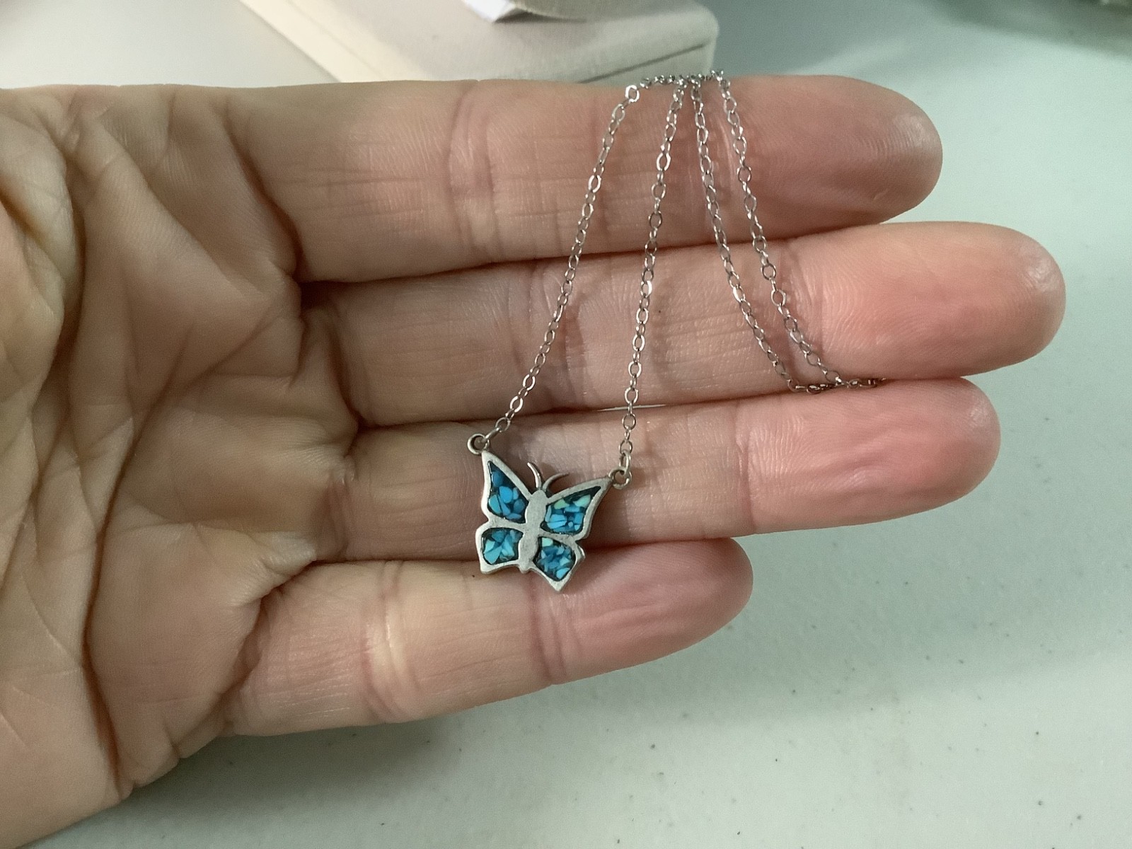 Vintage 80’s sterling silver 925 turquoise chip inlay butterfly pendant necklace