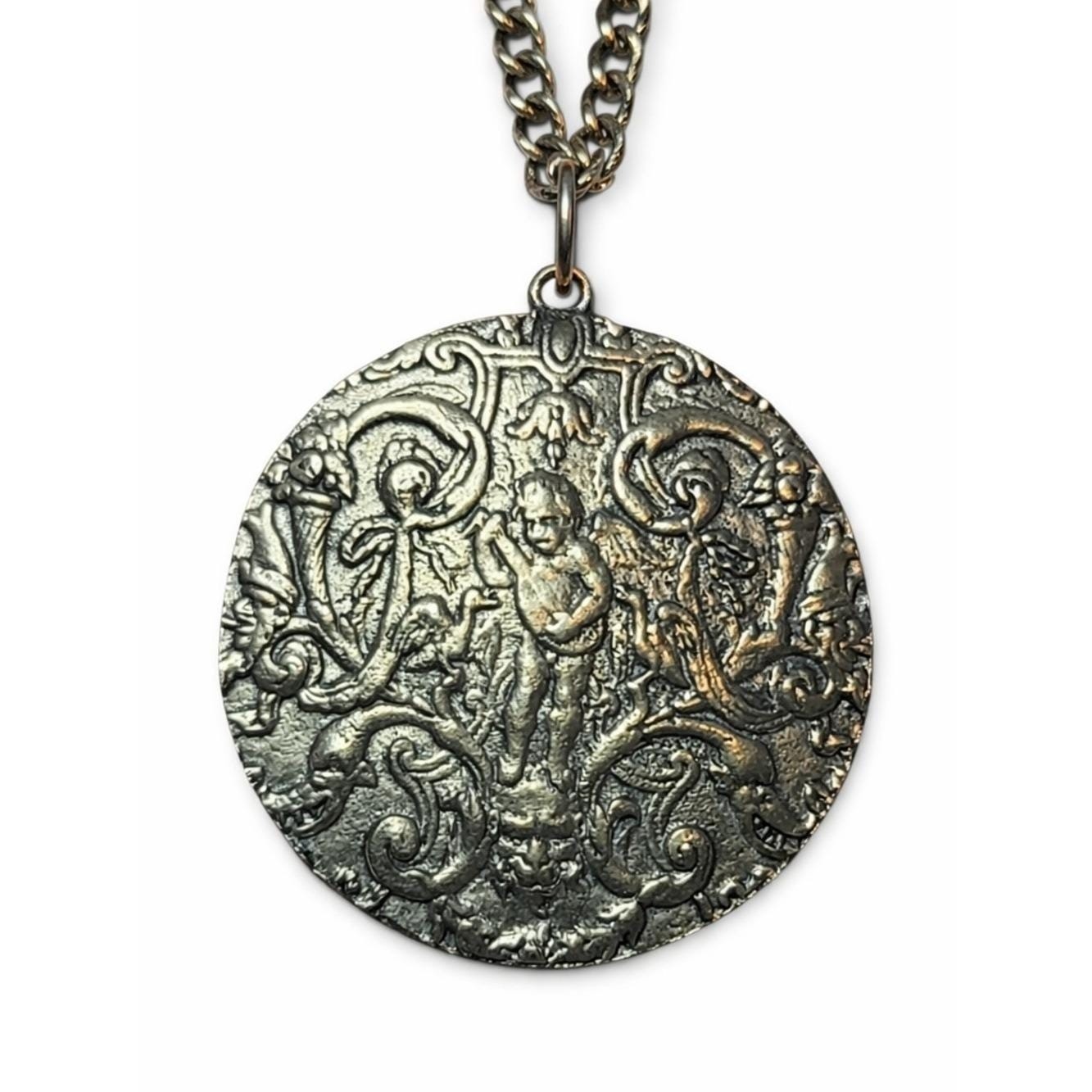 Vintage Alva Museum Replicas Cherub Medallion Necklace Art Nouveau Pendant 25″