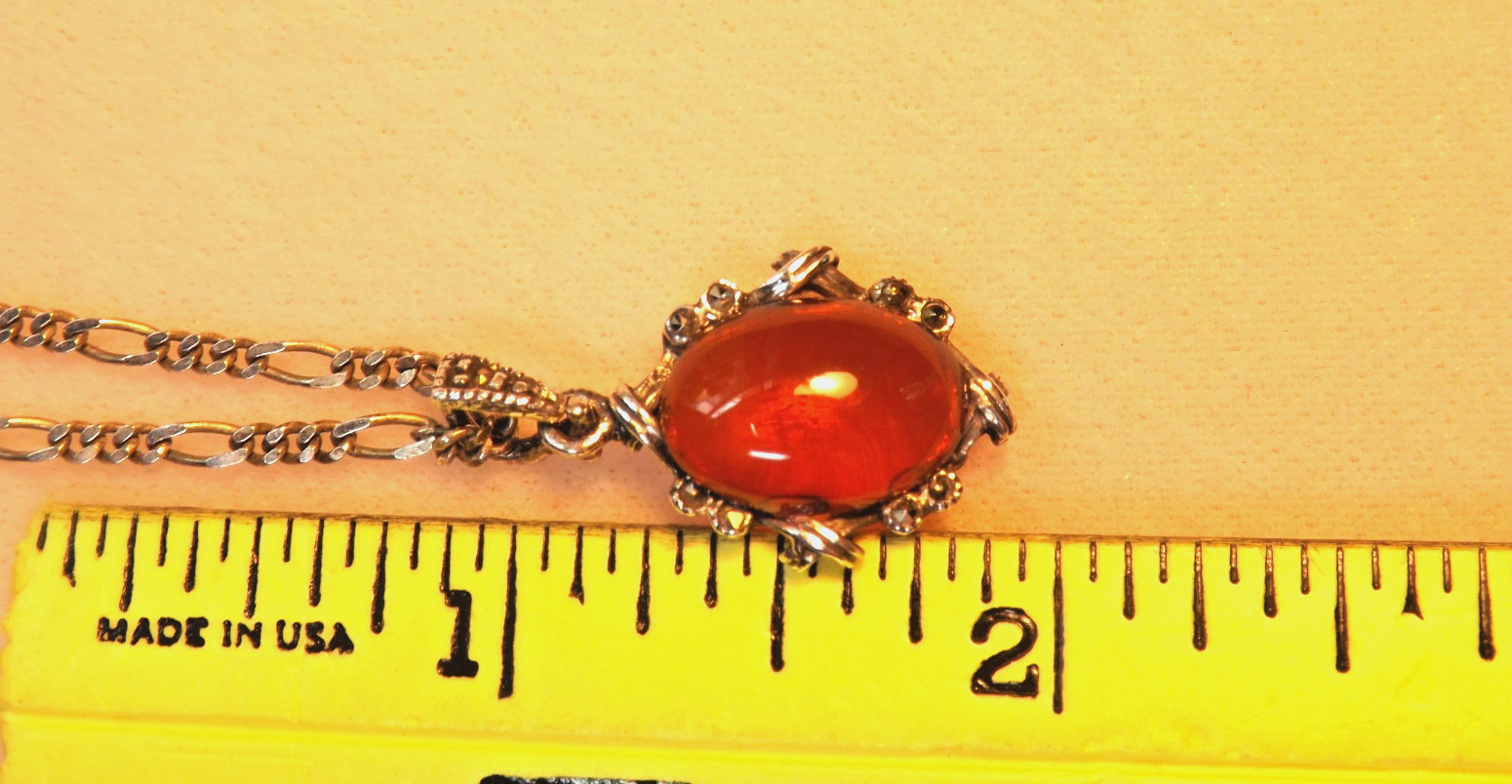 Vintage Sterling Baltic Amber and Marcasite Pendant with Sterling Chain