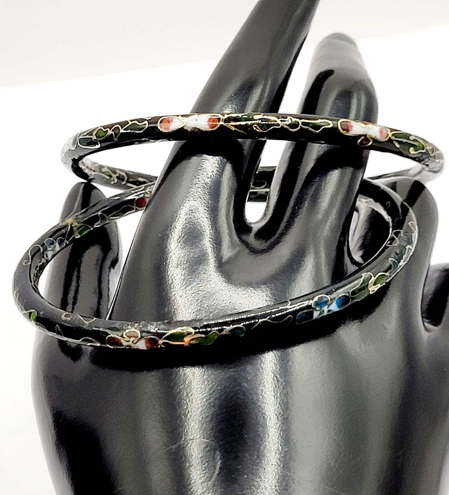 2 Cloisonné Asian Inspired Black Dark Shiny Floral Hand Painted Bangle Bracelet