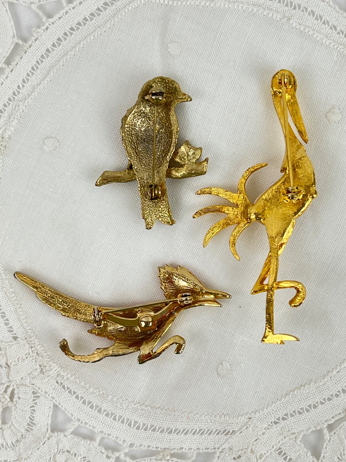Lot of 3 Gold Tone Bird Brooches Pins Jelly Belly Rhinestones Red Orange Cream