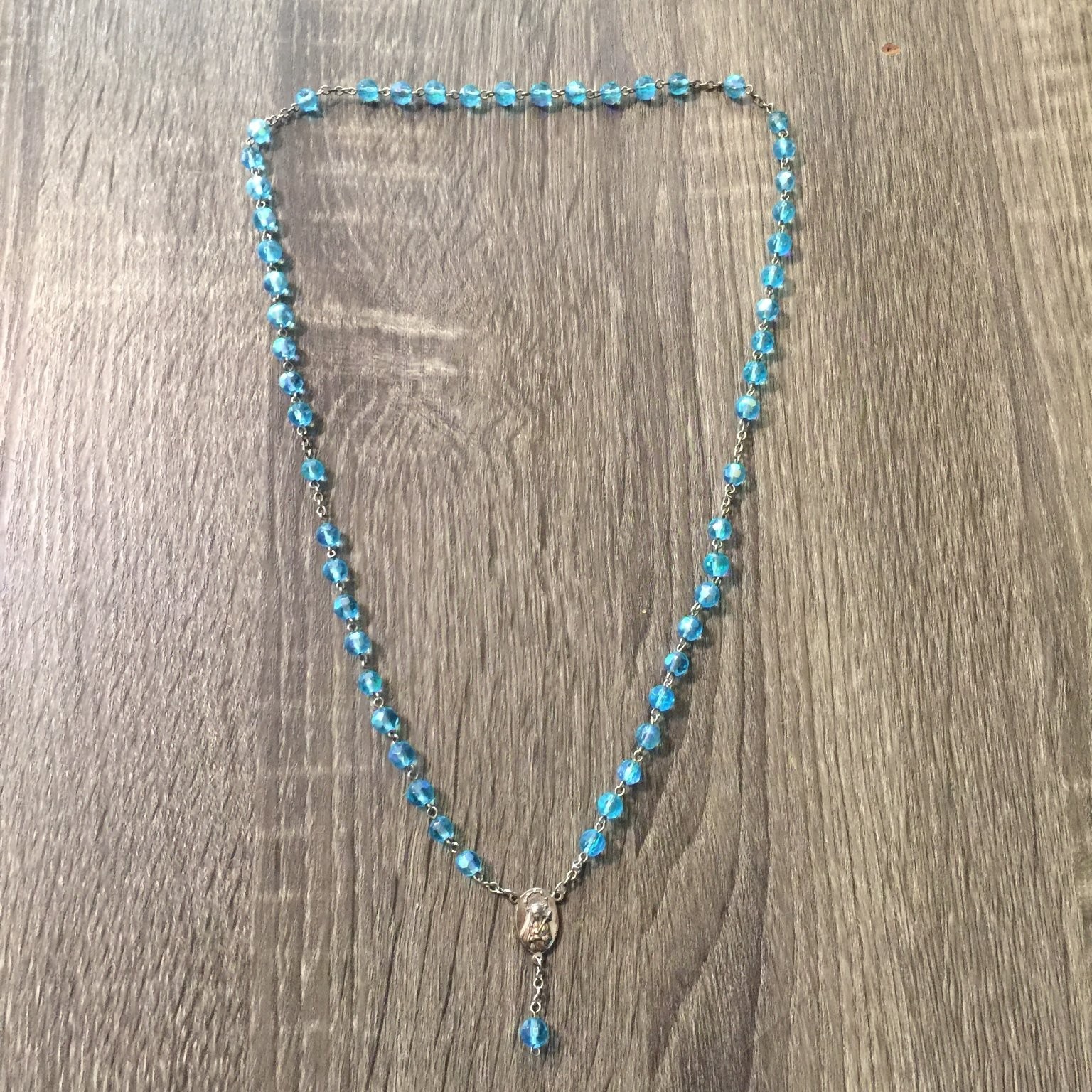 Vintage Rosary Necklace Silver Tone Faceted Acrylic Aqua Blue Beads