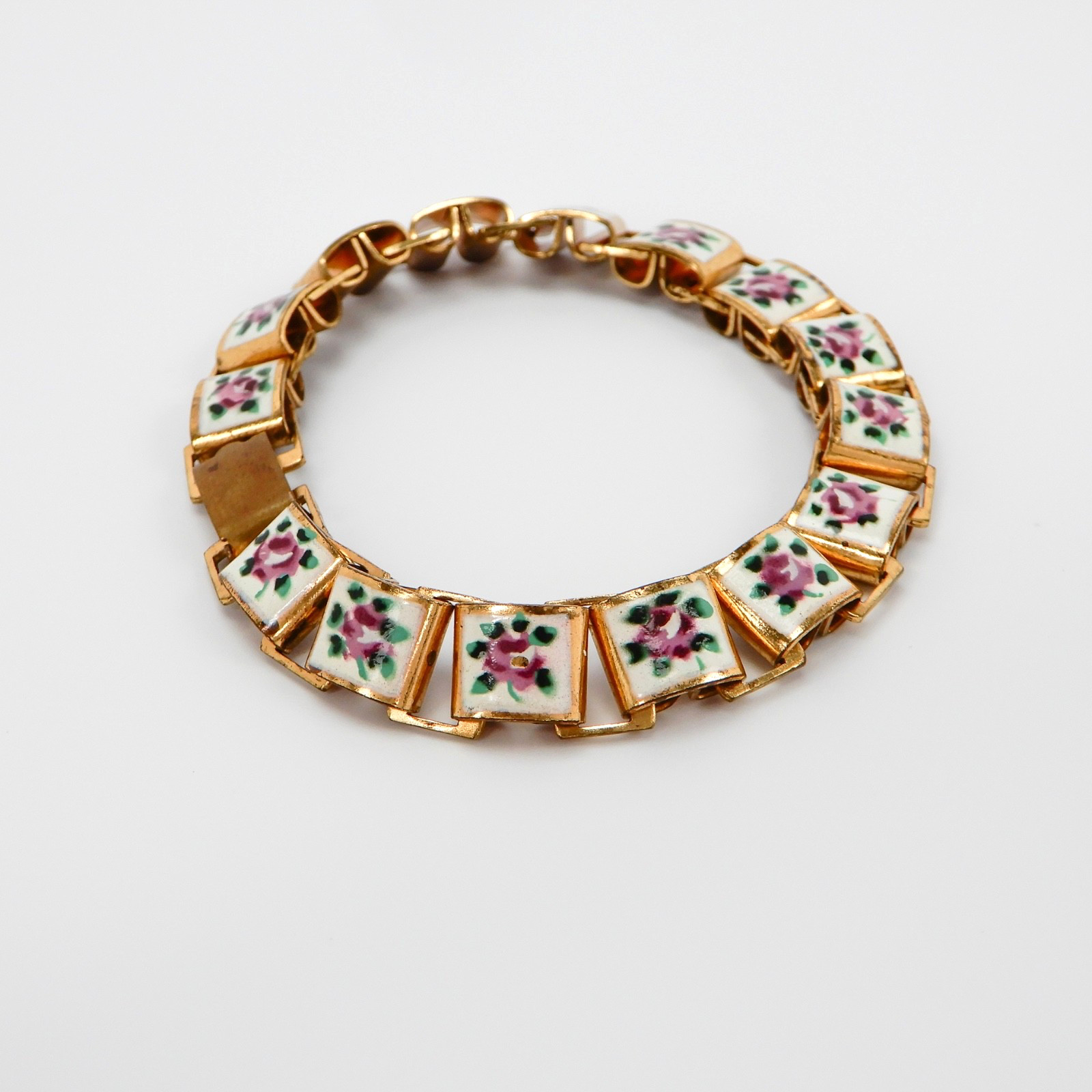Vintage Hand Painted Enamel Panel Bracelet Pink Roses on White, Book Chain 6.75″