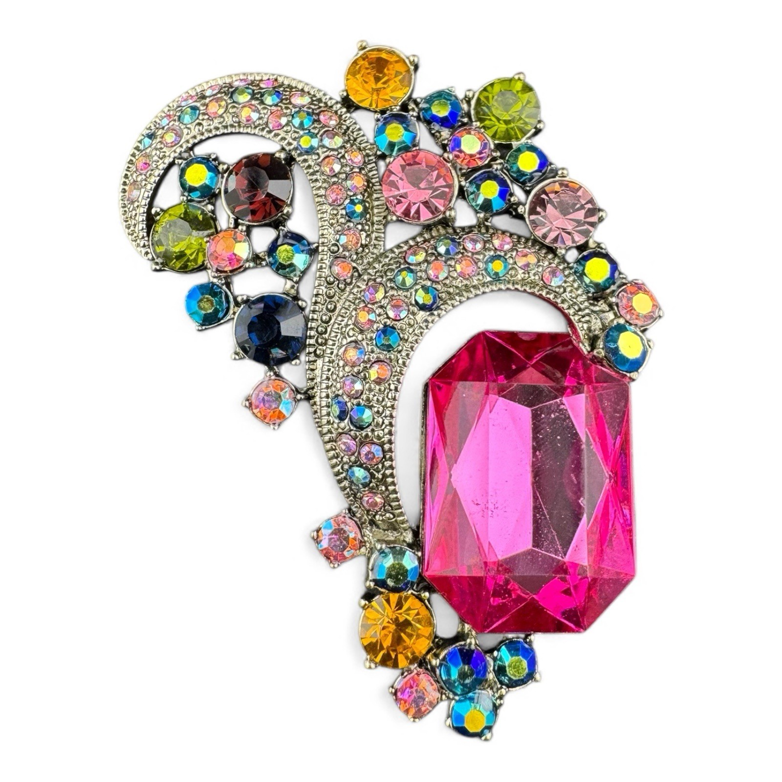 Beautiful Silver Tone And Multicolor Rhinestone Paisley Design Statement Brooch