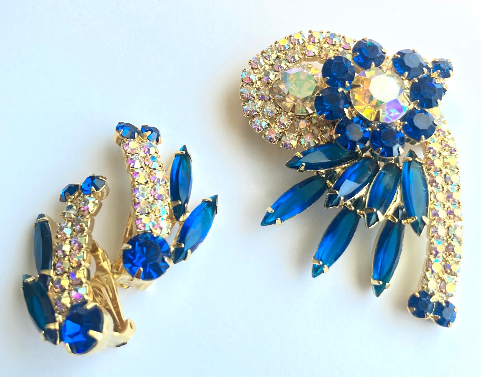 Verified JULIANA D&E Blue Open Back Navette AB Rhinestone Brooch Earring Set