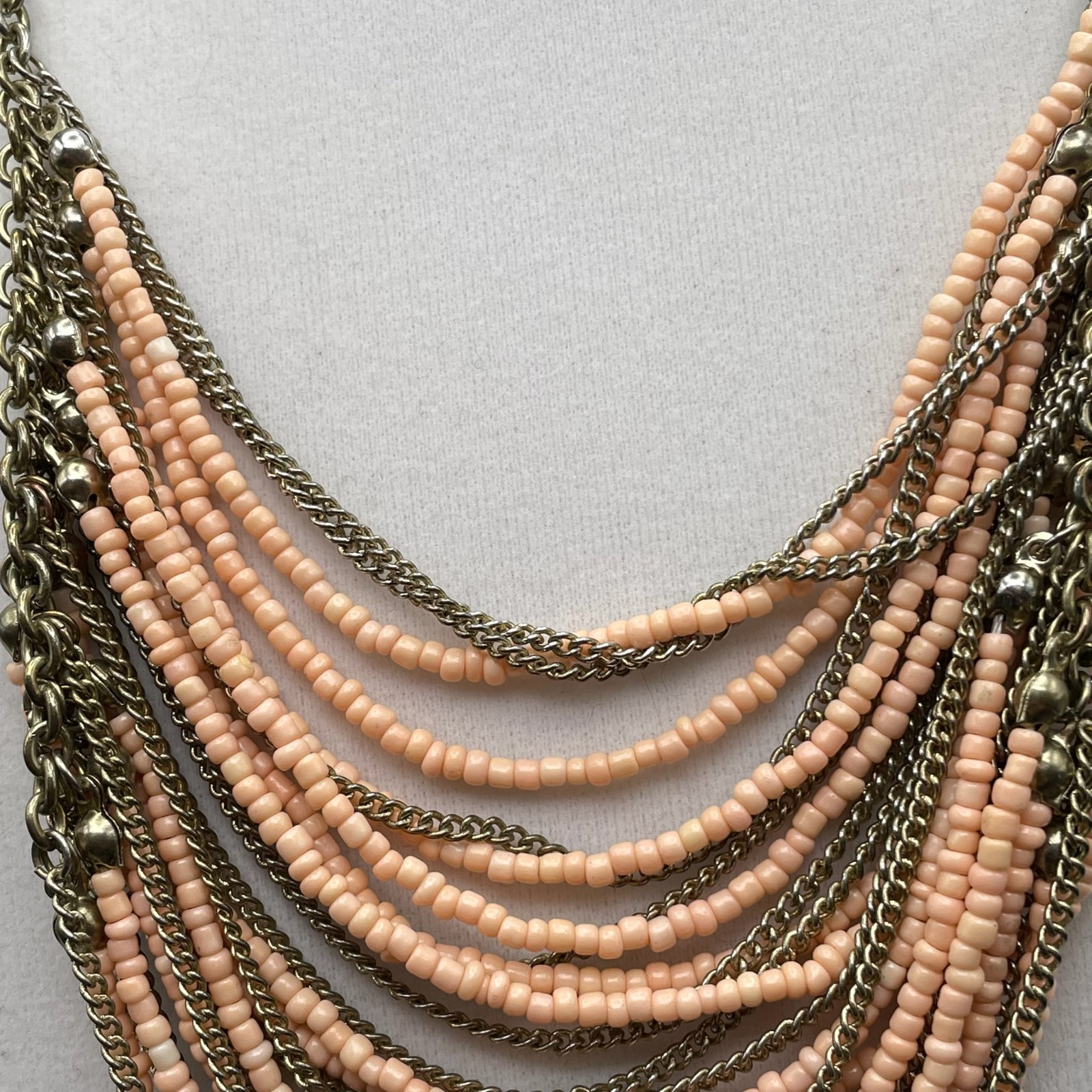Vintage VTG Multistrand Collar Necklace Peach Seed Beads Brass Chain Aluminum