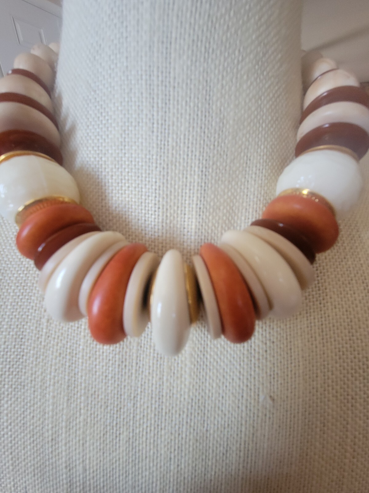 VTG NAPIER Large Beaded Necklace Cream, Orange, Brown W/Gold Tone Accents Signed