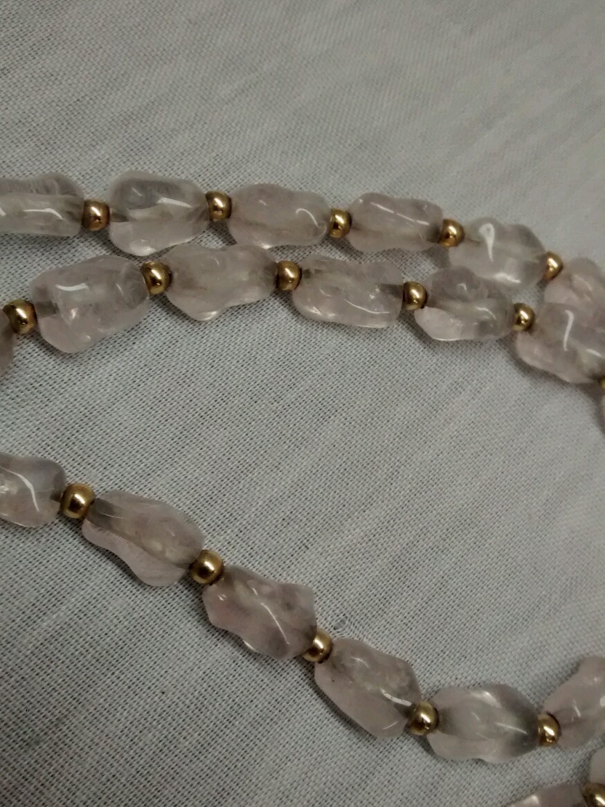 Stunning antique art deco Chinese carved rose quartz 14k gold beads necklace
