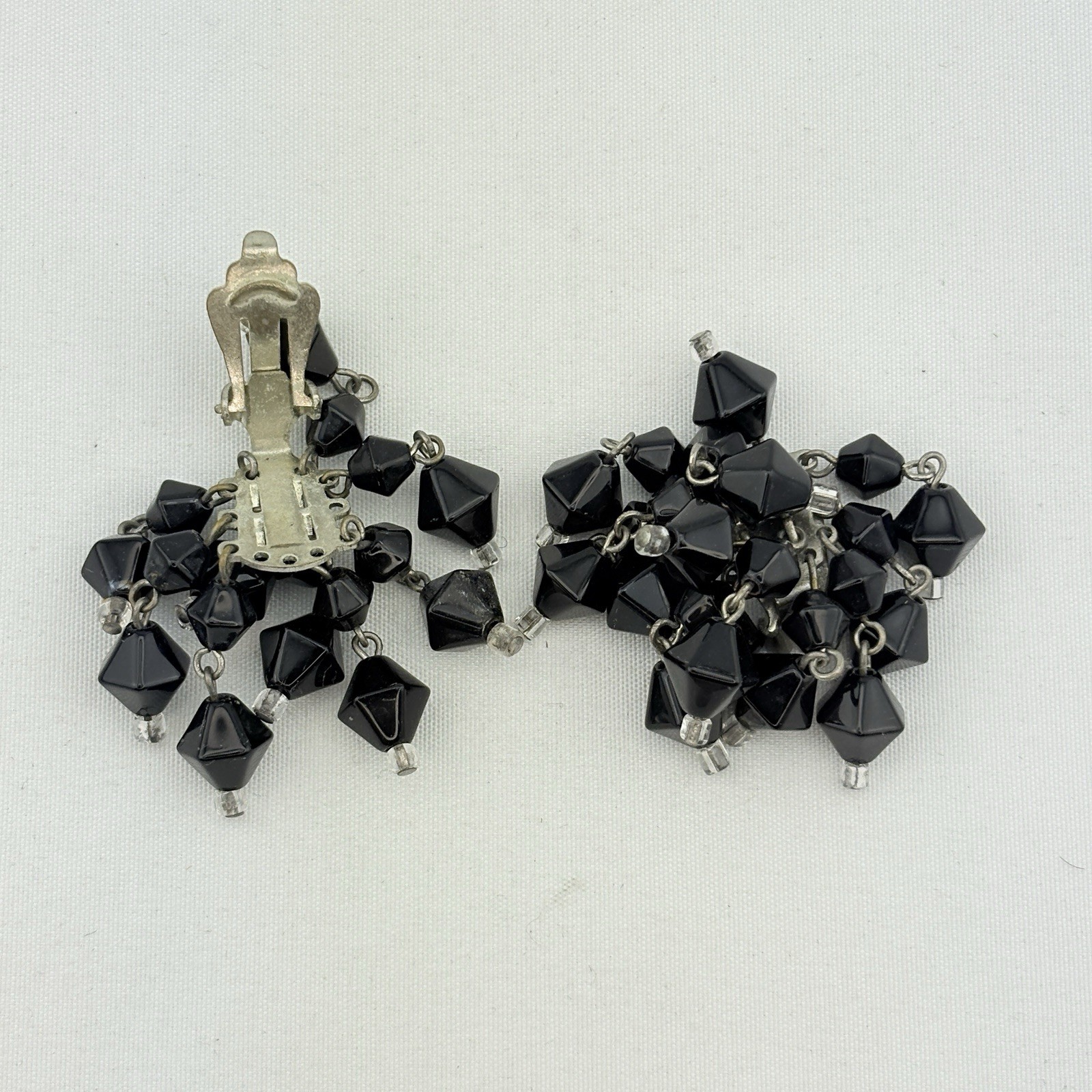 Vintage Japanese Black/Clear Glass Bead Cluster Dangle Earrings Clip On