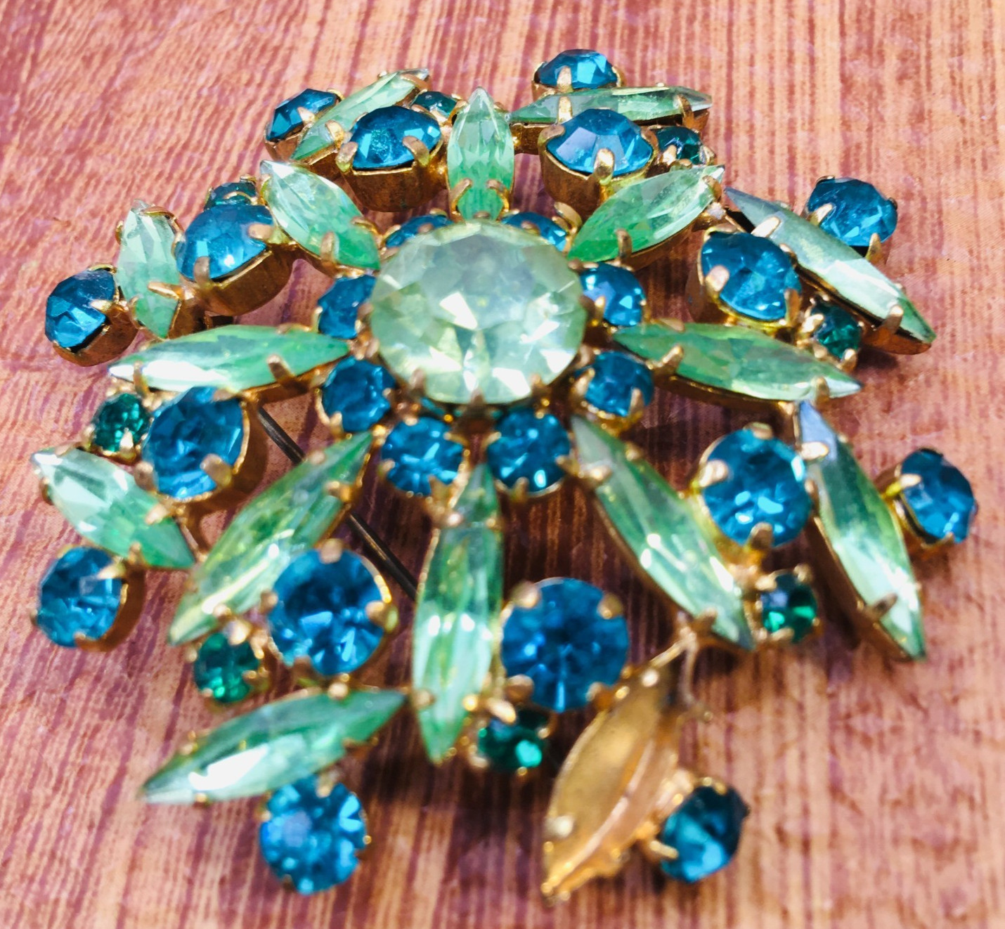 Vtg Austrian Brooch Dome Navette Apple & Dark Green Rhinestone Missing 1 Stone