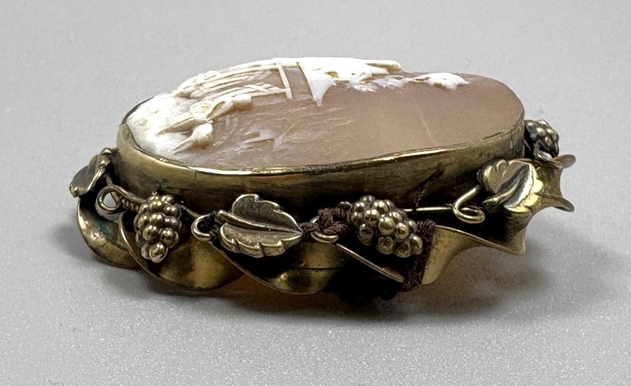 vtg House Brown White Cameo Grapes Brass/Gold Filled? Pin Brooch (needs repair)