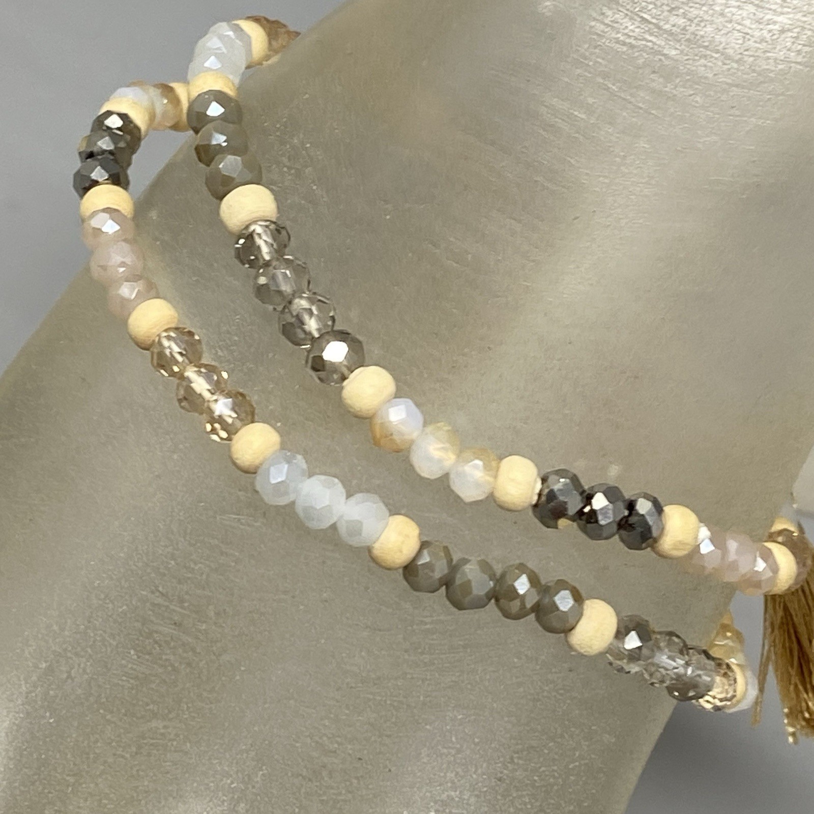 Glass Beaded Bracelet Set of 2 Cream Gray Fire Polished Faceted Tassel Stretch