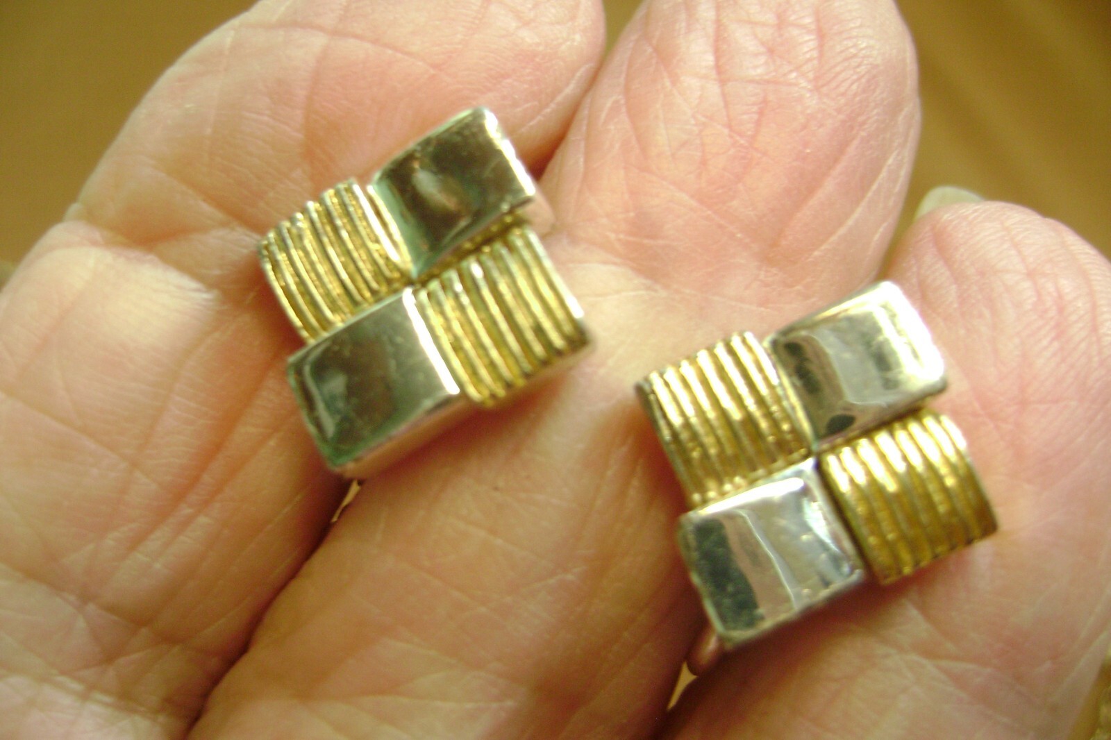 VINTAGE TEXTURED SQUARE GOLD AND SILVER TONE ADJUSTABLE CLIP ON EARRINGS
