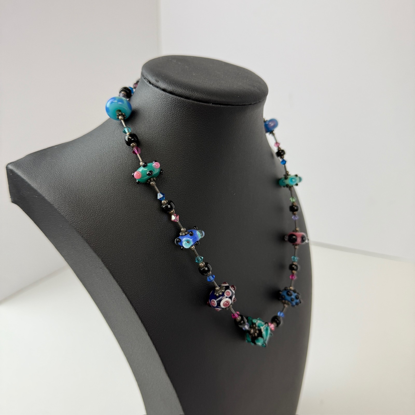 Vintage Art Lampwork Glass Swirl Beaded Necklace 925 Sterling Silver Polka Dot