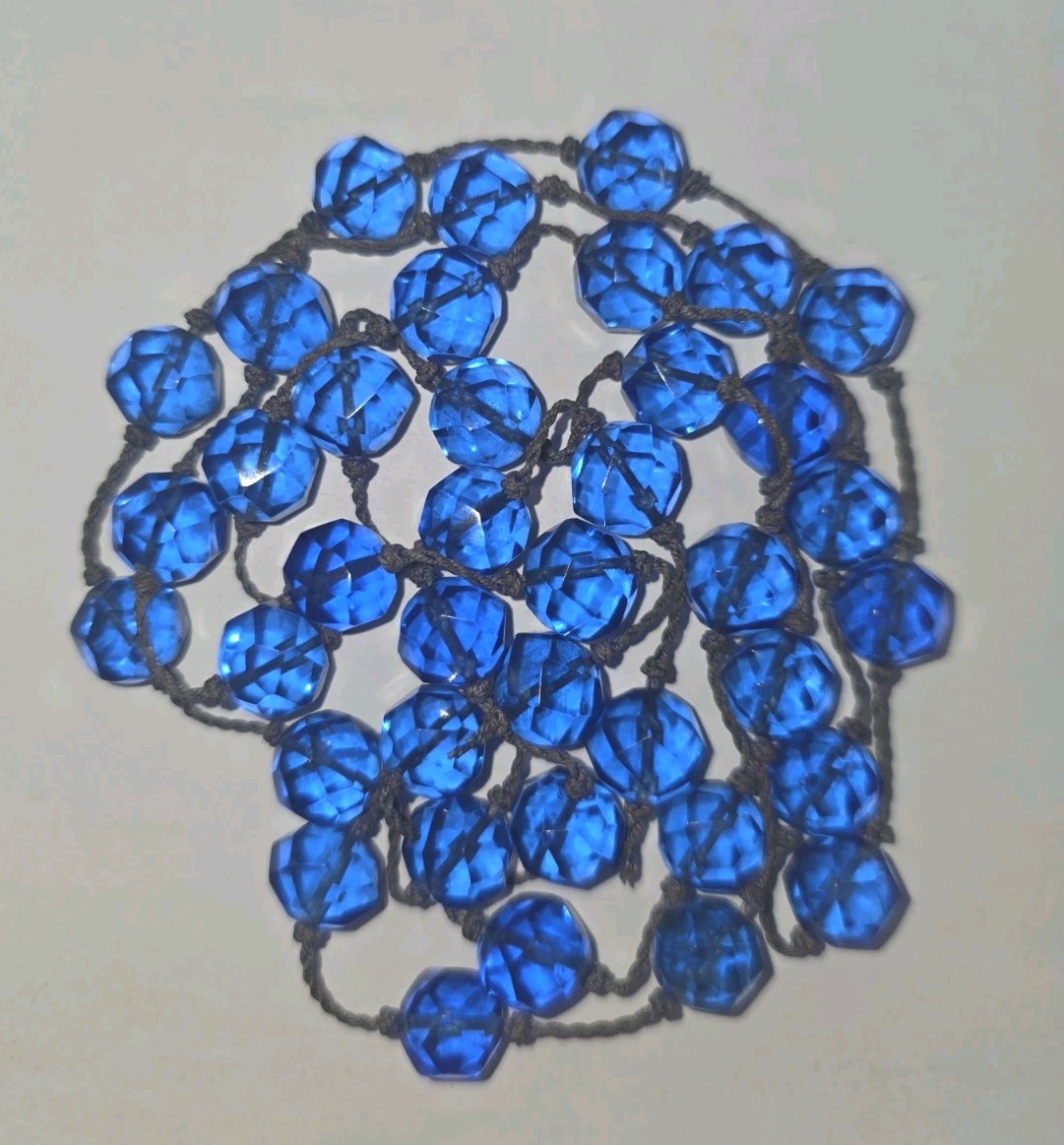 Vtg Blue Crystal Faceted Fire Polished Glass Hand Knotted Beads Czech 44 Inches