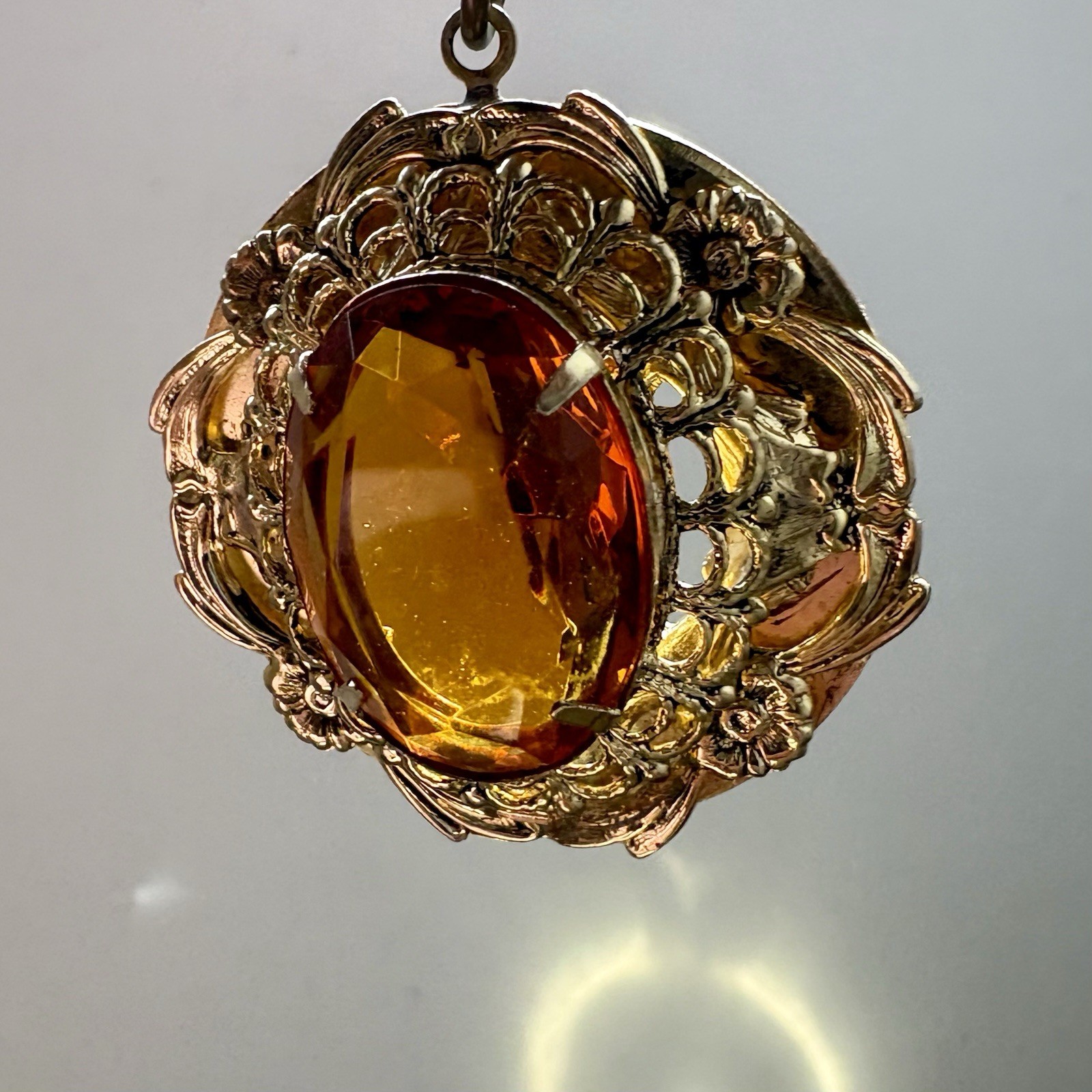 Vintage Victorian Revival Filigree Pendant Honey Amber Glass Gold Tone Ornate