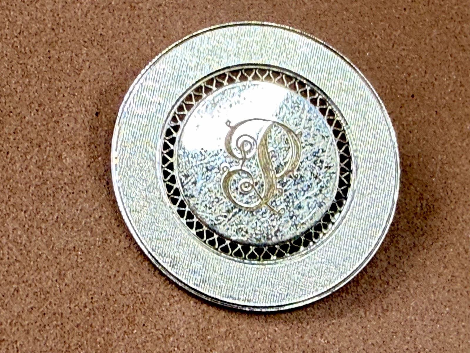 Initial Letter P ? Calligraphy On Vintage Sterling Silver Round Disc Brooch