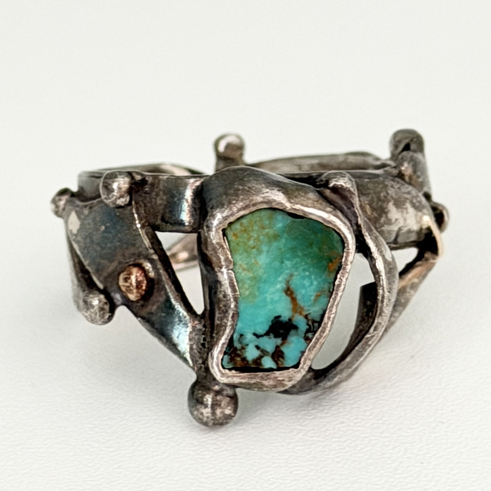 Vintage Brutalist Sterling Silver Turquoise Unique Modernist Ring Size 7