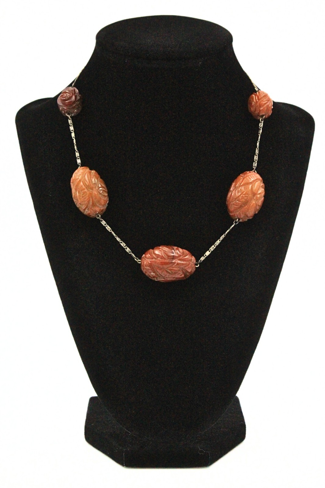 Antique Art Deco Silver 850 Carved Bakelite Flower Bead Station Necklace