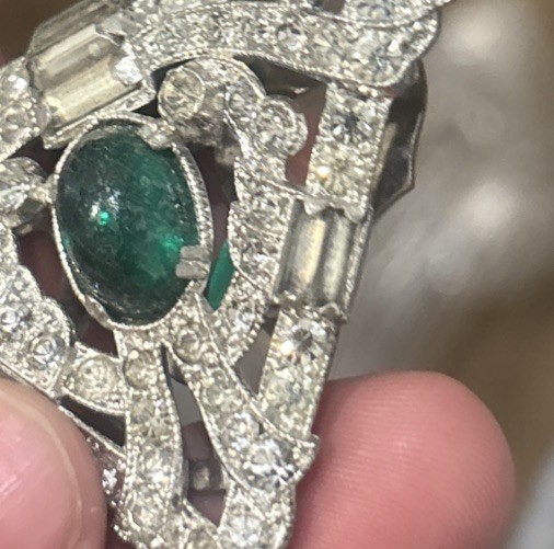 Vintage Art Deco Silver Tone Clear Rhinestone Green Glass Fur Dress Clip