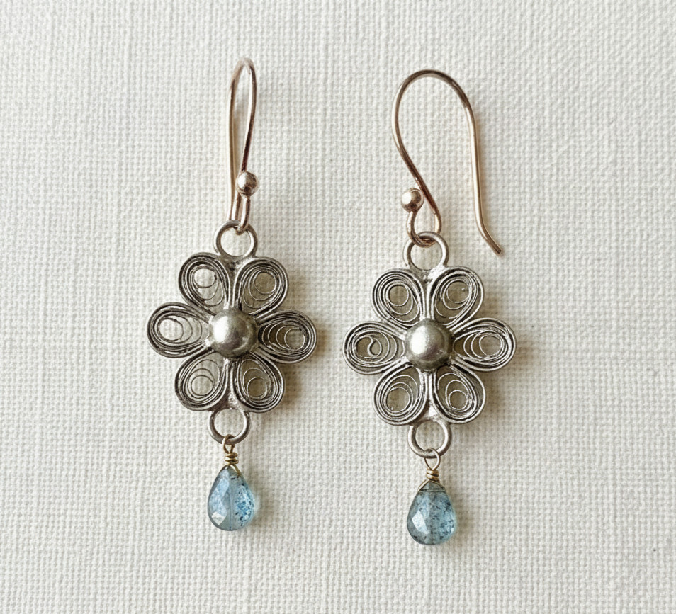 Ornate Vintage Style Filigree Aquamarine Flower Dangle Earrings Sterling Silver