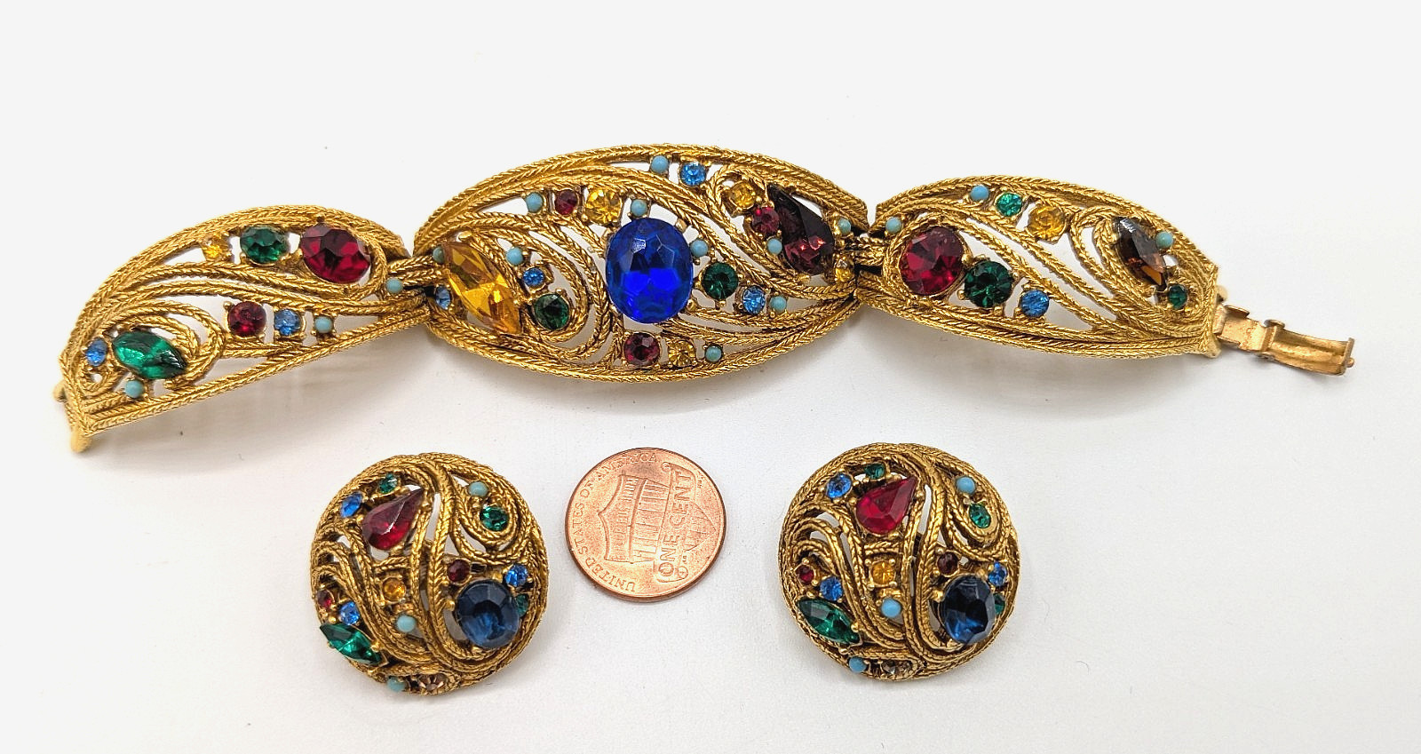 Vtg 50s La Roco Goldtone Filigree Multi-Color Rhinestone Bracelet & Earrings Set