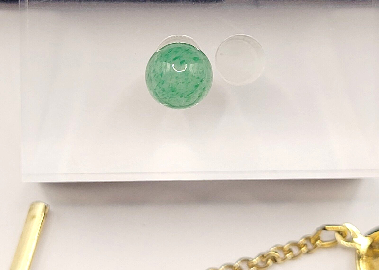 Jade Round Ball Polished Stone Gold Tone Vintage Tie Tack Pin with Chain