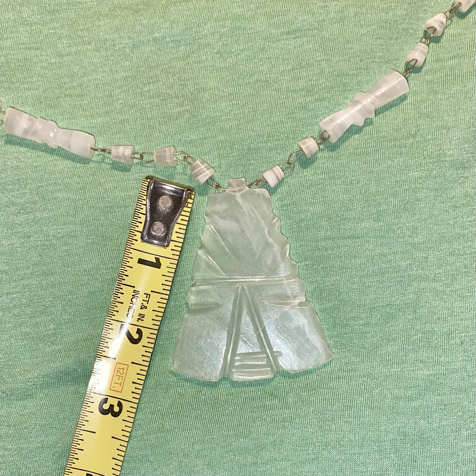 Vtg Mexican Agate White Etched Necklace Pendant Beaded Aztec