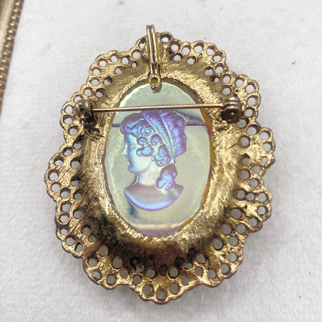 Vintage Brooch and Pendant Intaglio Glass Cameo Gold Tone Filigree Chrome 2”