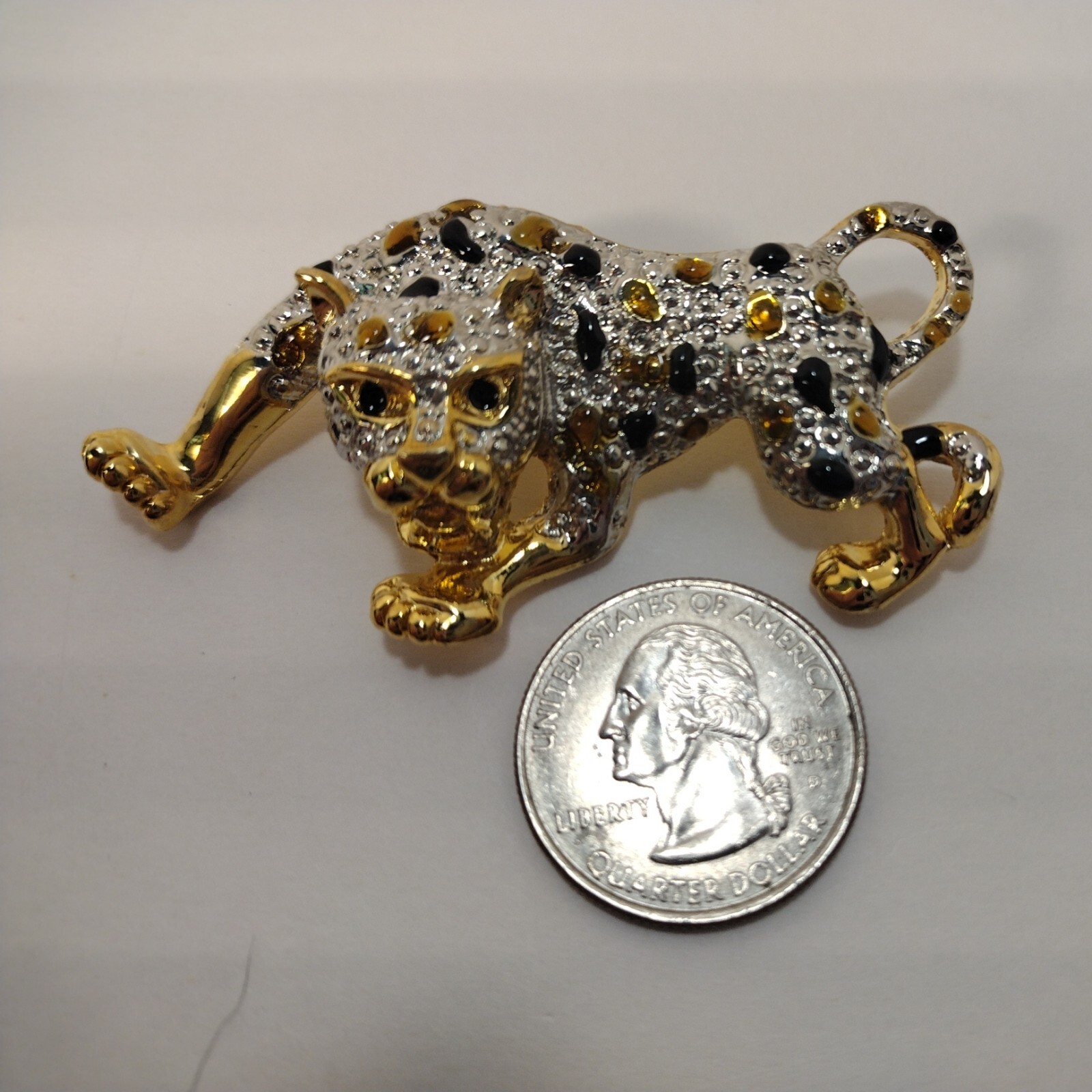 Vintage Black Yellow Gold Tone Cat Leopard Silver Tone Sparkle