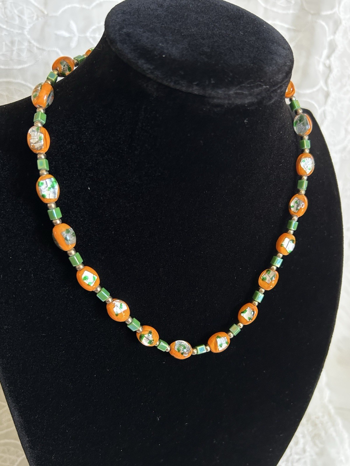 Vintage Orange Foil Art Glass Bead Necklace Green Spacers Murano Style Italy