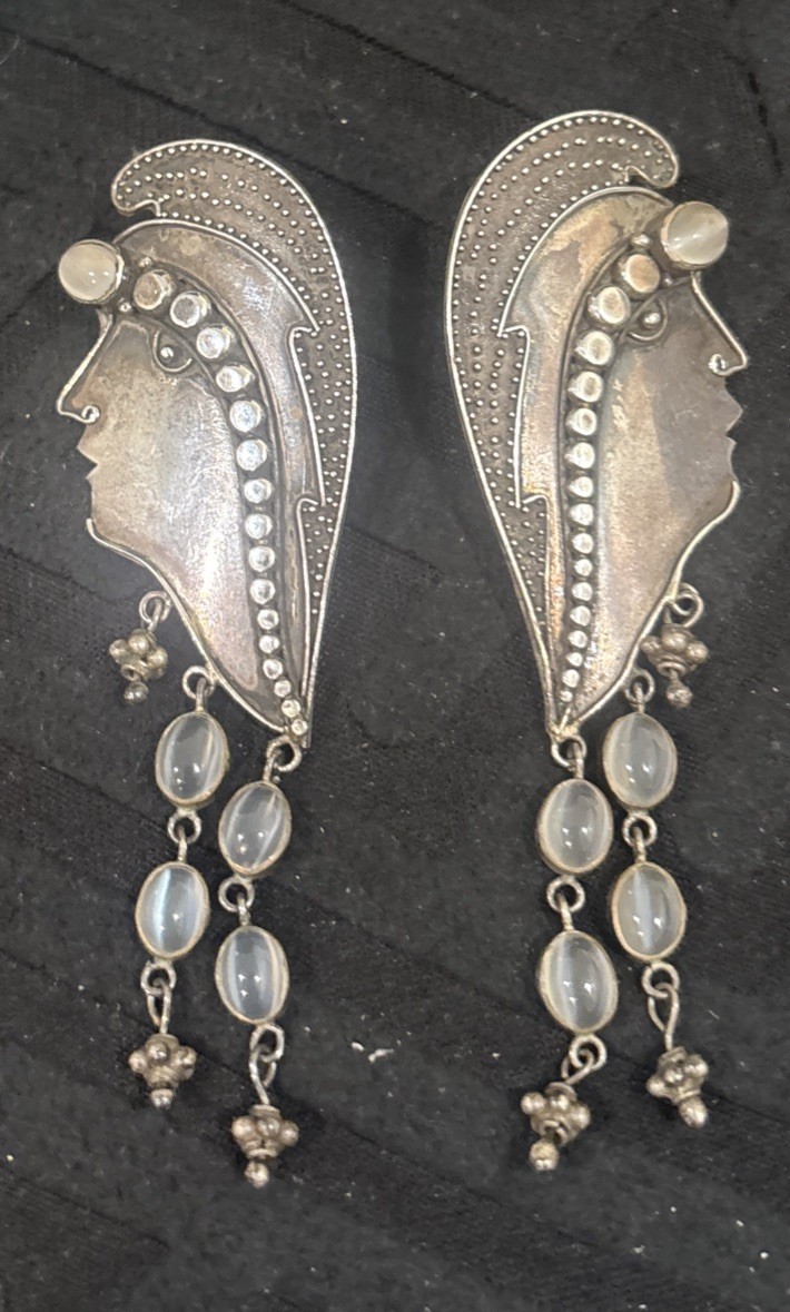 Vintage Unique Long Sterling Silver Tribal Face Cabochon Post Earrings 925