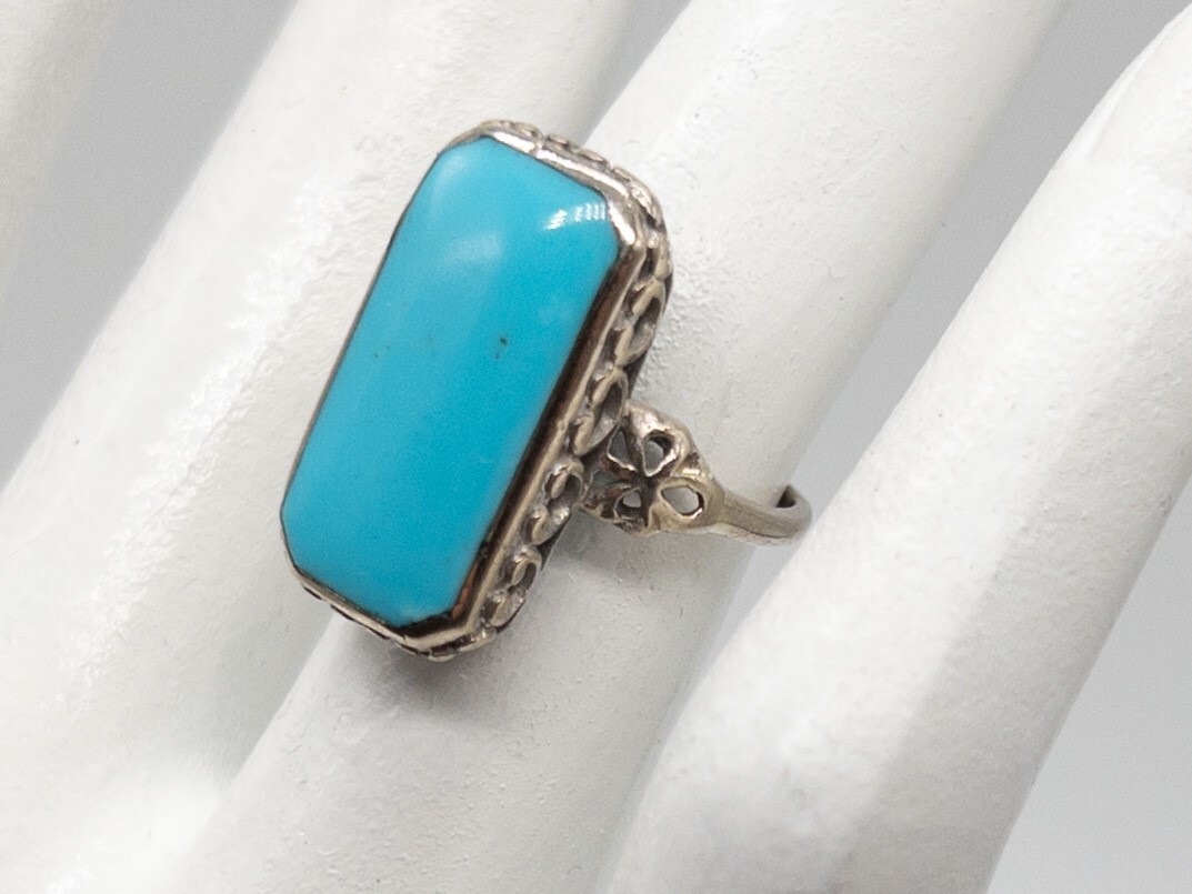Antique Edwardian 1900s BDA 5ct Natural Turquoise 10k White Gold Filigree Ring