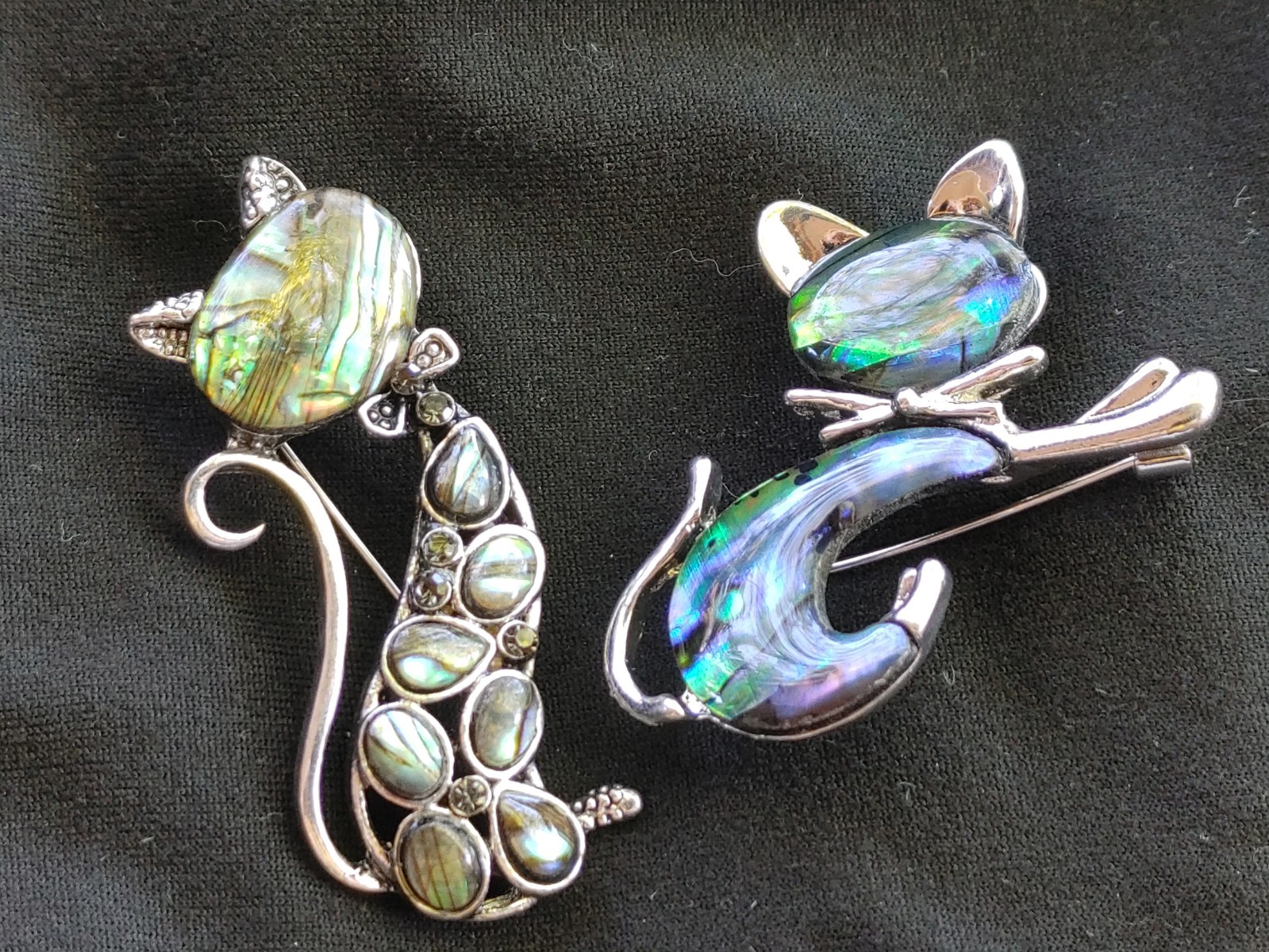 2 Pc. Lot Of Whimsical Retro Cat Brooches Faux Abalone Silver Tone 2″