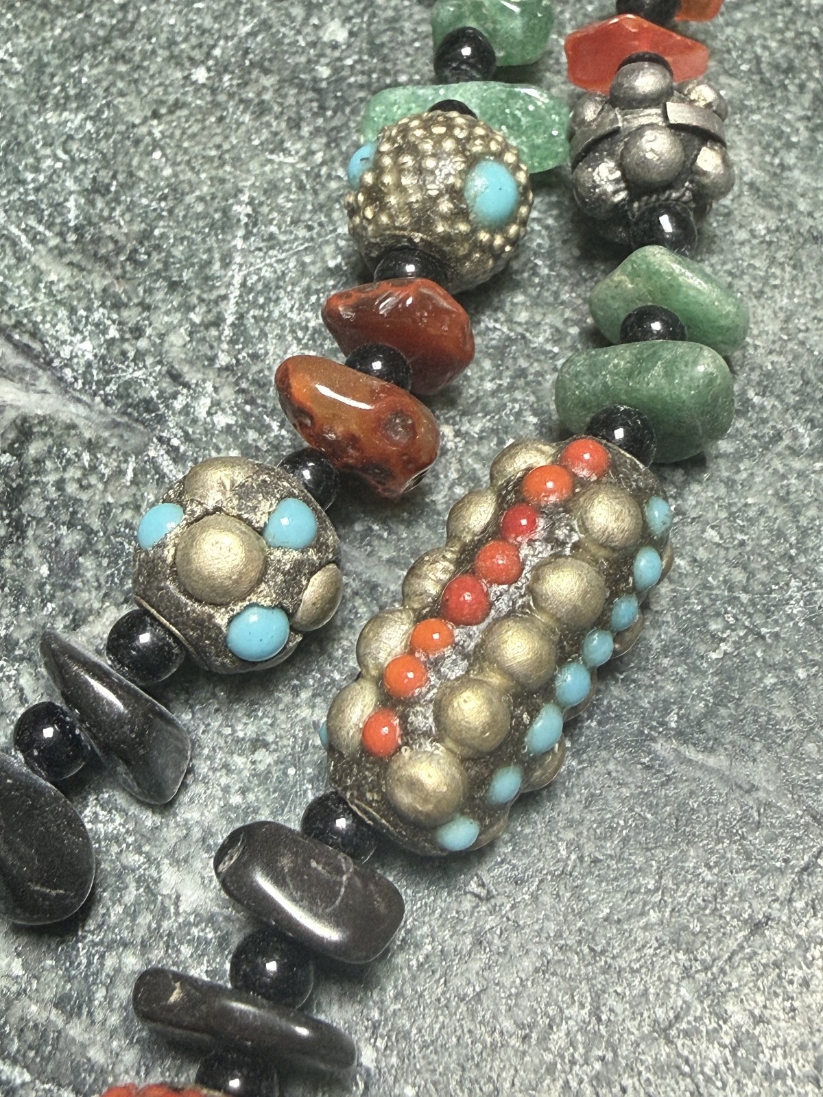 Vintage Tibet Silver, Coral and Turquoise Double Pendant Necklace