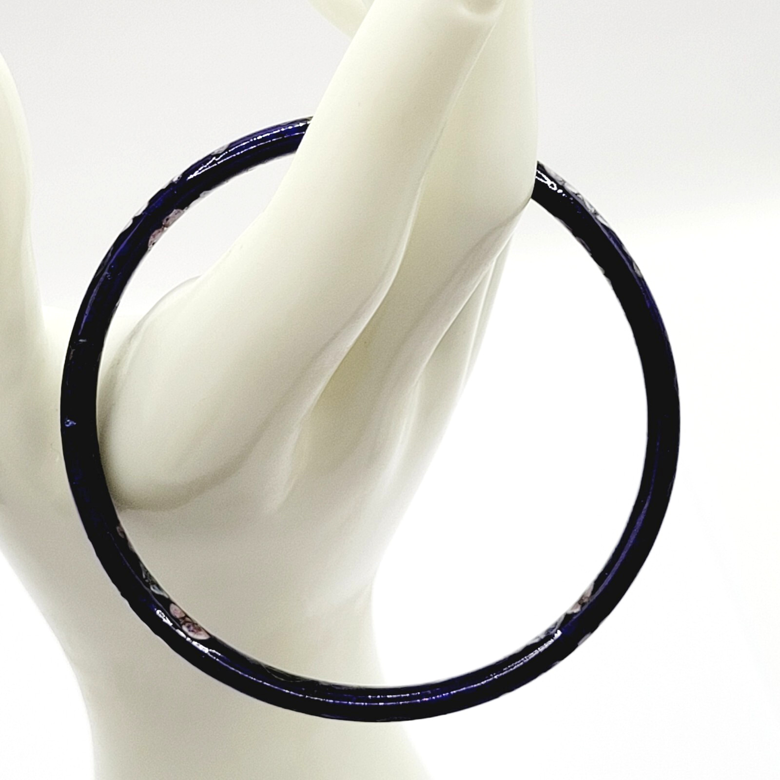 Cloisonné Asian Inspired Dark Cobalt Blue Floral Hand Painted Bangle Bracelet